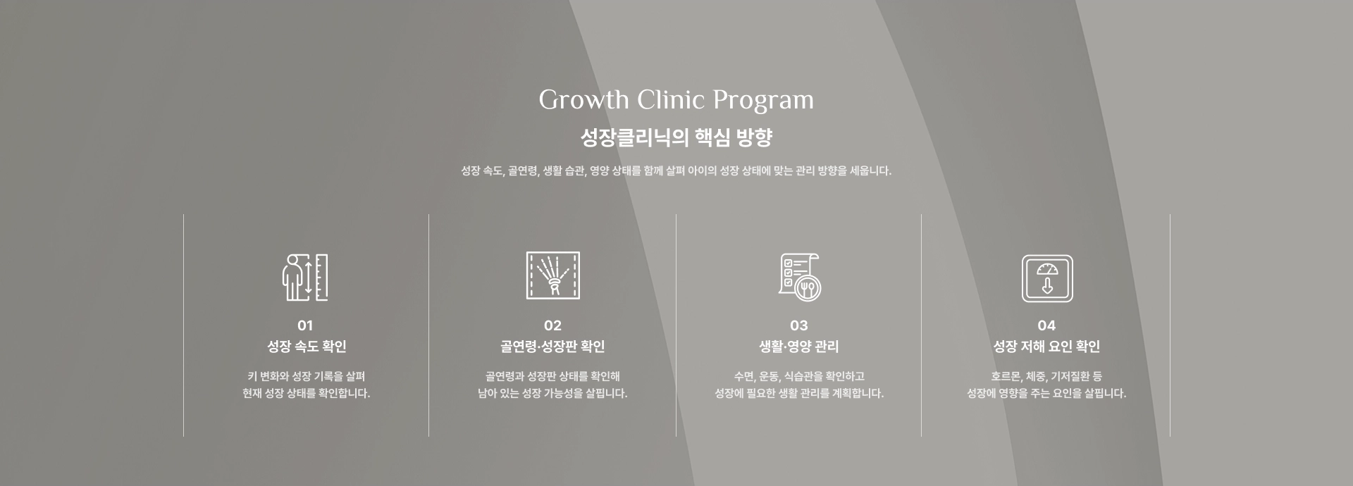 [성장클리닉의 핵심 방향] 01 : 성장 속도 확인 / 02 : 골연령·성장판 확인 / 03 : 생활·영양 관리 / 04 : 성장 저해 요인 확인