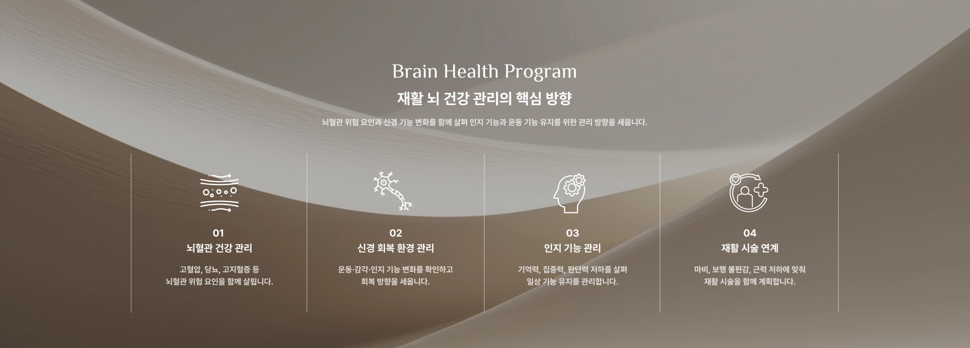 [재활 뇌 건강 관리의 핵심 방향] 01 : 뇌혈관 건강 관리 / 02 : 신경 회복 환경 관리 / 03 : 인지 기능 관리 / 04 : 재활 시술 연계